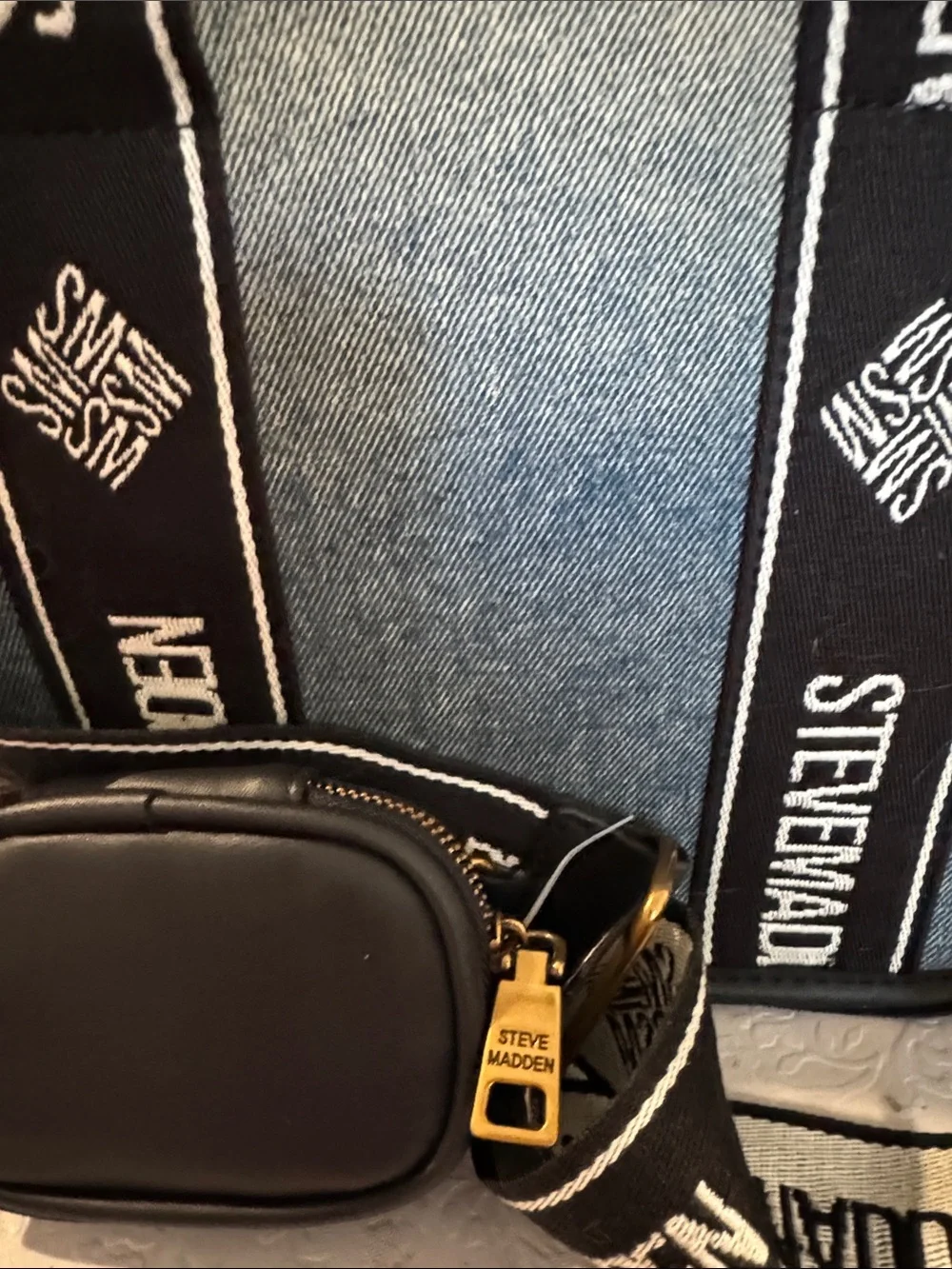Steve Madden Denim and Black Logo Strap Messenger Bag